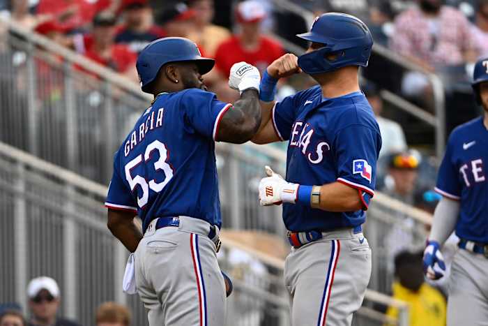 Jul 8, 2023; Washington, District of Columbia, USA; Texas Rangers third baseman Josh Jung (6) is congratulated by Texas Rangers right fielder Adolis Garcia (53) after hitting a two run home run against the Washington Nationals during the fourth inning at Nationals Park. Mandatory Credit: Brad Mills-USA TODAY Sports